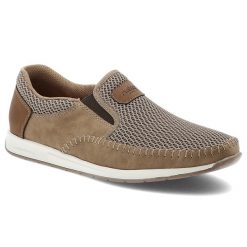 Beżowe Półbuty Rieker Eleganckie Obuwie Męskie. Brązowe buty wizytowe męskie Rieker, na lato, ze skóry ekologicznej, bez zapięcia. Za 329.00 zł.