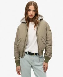 Superdry Damska kurtka Hooded MA1 Bomber – Light Khaki Green. Zielone kurtki damskie Superdry., bez wzorów, z bawełny, z kapturem. Za 460.15 zł.