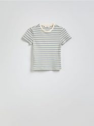 T-shirt w paski - złamana biel. T-shirty damskie Reserved, l, bez wzorów, z bawełny, bez kołnierzyka. W wyprzedaży za 49.99 zł.