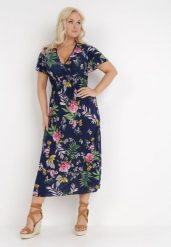 Granatowa Sukienka Megephone. Niebieskie sukienki damskie Born2be, na co dzień, na lato, l, z aplikacjami, eleganckie, bez kołnierzyka, bez ramiączek, midi, kopertowe. W wyprzedaży za 43.99 zł.