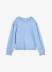 Sweter z bufiastymi rękawami. Niebieskie swetry klasyczne damskie bonprix, z dzianiny, bez kołnierzyka. Za 129.99 zł.