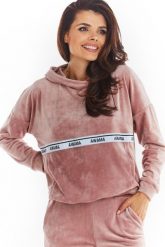 Welurowa Bluza Kangurka Logowaną Taśmą - Różowa. Czerwone bluzy bez kaptura damskie Awama, l, z materiału. Za 201.90 zł.