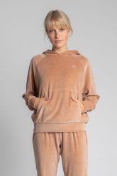 Welurowa Bluza Kangurka z Reglanowym Rękawem - Beżowa. Brązowe bluzy bez kaptura damskie MOE, l, z elastanu. Za 299.90 zł.