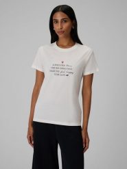4F T-shirt regular z nadrukiem damski - kremowy XXL. Białe t-shirty damskie 4f, m, bez wzorów, z bawełny, bez kołnierzyka. Za 69.99 zł.