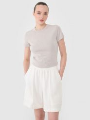 4F T-shirt slim z prążkowanej dzianiny damski - beżowy XS. Brązowe t-shirty damskie 4f, xs, bez wzorów, z bawełny, bez kołnierzyka. W wyprzedaży za 49.99 zł.