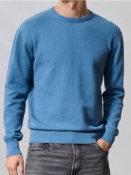 Bawełniany sweter z okrągłym kołnierzem - niebieski. Niebieskie swetry męskie Sinsay, l, bez wzorów, z bawełny, bez kołnierzyka. Za 59.99 zł.