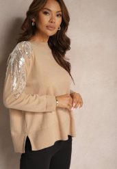 Beżowy Sweter z Wiskozą i Modalem Ozdobiony Cekinami i Perłami Iveara. Brązowe swetry klasyczne damskie Renee, na zimę, z wiskozy, bez kołnierzyka. Za 99.99 zł.