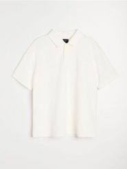 Żakardowa koszulka polo z krótkim rękawe - kremowy. Białe koszulki polo męskie Sinsay, l, bez wzorów, z żakardem, bez ramiączek. Za 49.99 zł.