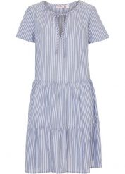 Letnia sukienka tunikowa z czystej bawełny. Niebieskie sukienki damskie bonprix, na lato, bez wzorów, z bawełny, bez kołnierzyka, bez ramiączek. Za 109.99 zł.