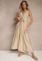 Beżowy Kombinezon Taliowany z Wiskozą Ozdobiony Paskiem Evintria. Brązowe kombinezony damskie Renee, l, bez wzorów, z wiskozy, eleganckie, bez kołnierzyka, bez ramiączek. Za 54.99 zł.