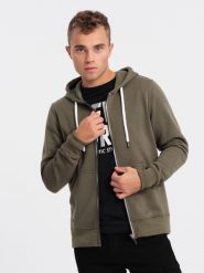 Bluza męska rozpinana z kapturem BASIC - ciemnooliwkowa V11. Zielone bluzy z kapturem męskie Ombre Clothing, m, z bawełny. W wyprzedaży za 59.99 zł.