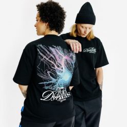 Koszulka z grafiką. Czarne t-shirty damskie Decathlon, xl, bez wzorów, z bawełny, bez kołnierzyka. Za 89.99 zł.