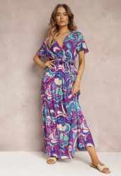 Fioletowa Wiskozowa Sukienka Maxi z Gumką w Talii i Materiałowym Paskiem Saramu. Fioletowe sukienki damskie Renee, na wiosnę, s, bez wzorów, z materiału, bez kołnierzyka, bez ramiączek, maxi, rozkloszowane. W wyprzedaży za 62.99 zł.