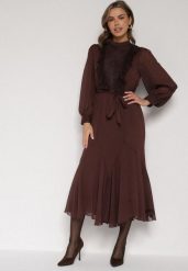 Brązowa Elegancka Sukienka z Bufiastymi Rękawami i Koronkowymi Falbankami Sewlina. Brązowe sukienki damskie Born2be, do pracy, l, bez wzorów, z koronki, biznesowe, bez kołnierzyka, bez ramiączek, maxi. Za 159.99 zł.