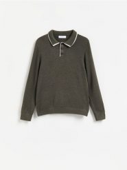 Sweter polo z bawełną - zielony. Zielone swetry męskie Reserved, l, bez wzorów, z bawełny, bez kołnierzyka. Za 139.99 zł.