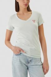 GUESS Miętowy damski t-shirt na krótki rękaw V-Neck Mini Triangle, Rozmiar S. Niebieskie t-shirty damskie Guess, s, z aplikacjami, bez kołnierzyka. W wyprzedaży za 59.99 zł.