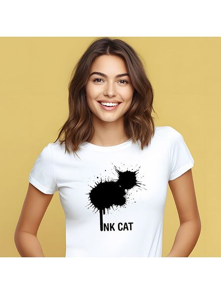 WOOOP Koszulka "Ink Cat" w kolorze białym rozmiar: S. Białe bluzki damskie Wooop, s, bez wzorów, bez kołnierzyka, bez ramiączek. Za 43.57 zł.