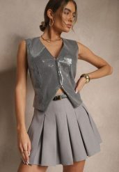 Szare Spódnico-Spodenki High Waist z Plisowaniem Wykończone Paskiem Eviennes. Szare spódniczki damskie Renee, bez wzorów, klasyczne, z podwyższonym stanem. Za 119.99 zł.