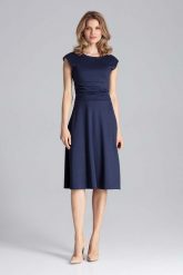 Elegancka Granatowa Rozkloszowana Sukienka z Zaznaczoną Talią. Brązowe sukienki damskie Figl, xl, bez wzorów, z elastanu, eleganckie, bez kołnierzyka, bez ramiączek, rozkloszowane. Za 289.00 zł.