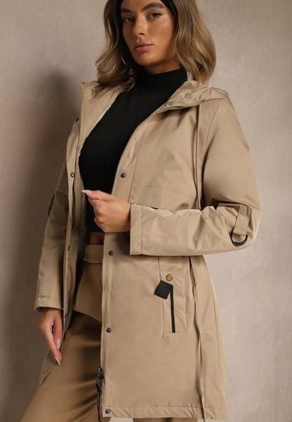 Ciemnobeżowa Kurtka Typu Parka z Kapturem o Klasycznym Kroju Tulania. Brązowe kurtki damskie Renee, l, bez wzorów, z jeansu, z kapturem. Za 209.99 zł.