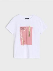 Koszulka z metalicznym nadrukiem - biały. Białe t-shirty damskie Sinsay, l, bez wzorów, bez kołnierzyka. W wyprzedaży za 9.99 zł.
