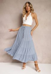 Niebieska Wiskozowa Spódnica High Waist o Rozkloszowanym Kroju z Wiązaniem i Gumką w Talii Leceviana. Niebieskie spódniczki damskie Renee, na lato, l, z aplikacjami, z wiskozy, eleganckie, z podwyższonym stanem, maxi, dopasowane. Za 64.99 zł.