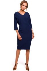 Sukienka elegancka ołówkowa zbluzowana góra i dekolt V granatowa. Sukienki damskie Sukienki.shop, do pracy, s, bez wzorów, biznesowe, bez kołnierzyka, bez ramiączek, ołówkowe. Za 229.00 zł.