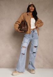 Niebieskie Jeansy High Waist Wide Leg z Ozdobnymi Przetarciami i Dziurami Elintyse. Niebieskie jeansy damskie Renee, z podwyższonym stanem. Za 109.99 zł.