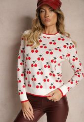 Biały Casualowy Sweter z Wiskozą Ozdobiony Printem w Wisienki Avattria. Białe swetry klasyczne damskie Renee, z jeansu, bez kołnierzyka. Za 109.99 zł.