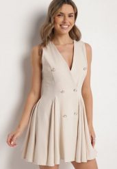 Beżowa Sukienka Bez Rękawów o Rozkloszowanym Kroju z Ozdobnymi Guzikami Palanea. Brązowe sukienki damskie Born2be, na co dzień, m, bez wzorów, eleganckie, bez kołnierzyka, bez ramiączek, mini, rozkloszowane. W wyprzedaży za 135.99 zł.