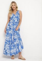 Niebieska Wiskozowa Sukienka z Kopertowym Dekoltem Wiązana na Szyi z Gumką w Talii Vikissai. Niebieskie sukienki damskie Born2be, l, bez wzorów, z wiskozy, eleganckie, bez kołnierzyka, bez ramiączek, maxi, kopertowe. W wyprzedaży za 71.99 zł.