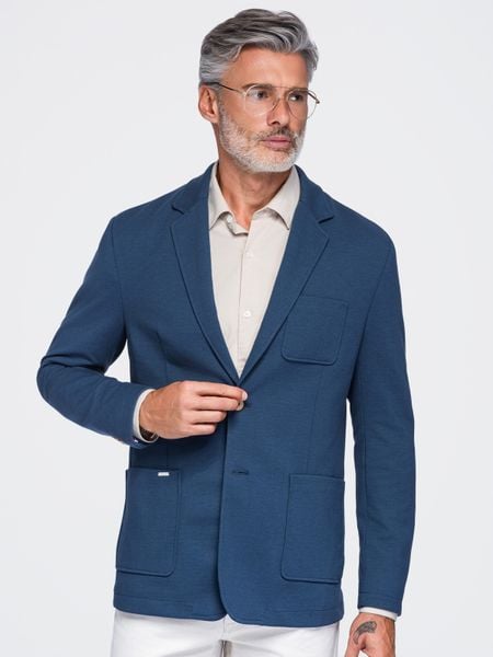 Męska slimowana marynarka SLIM z dzianiny o subtelnej strukturze – niebieska V6 - Rozmiar: XL. Niebieskie marynarki męskie Ombre Clothing, bez wzorów, z bawełny. Za 379.99 zł.