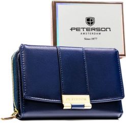 Granatowy, poziomy portfel damski wykonany ze skóry ekologicznej i zamykany na zatrzask - Peterson. Niebieskie portfele damskie Peterson, bez wzorów, ze skóry ekologicznej. Za 99.99 zł.