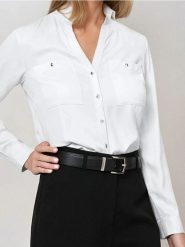 Koszula slim fit - kremowy. Białe koszule damskie Sinsay, l, bez wzorów, bez kołnierzyka, bez ramiączek. W wyprzedaży za 19.99 zł.