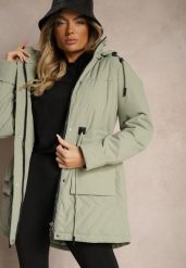 Jasnozielona Kurtka Pikowana w Stylu Parki ze Ściągaczem w Talii i Odpinanym Kapturem Erivieria. Zielone kurtki damskie Renee, l, bez wzorów, z jeansu. Za 279.99 zł.