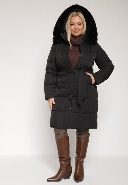 Czarna Pikowana Kurtka z Kapturem z Futrem i Wiązanym Paskiem Mevinatia. Czarne kurtki damskie Born2be, l, bez wzorów, z dzianiny, z kapturem. Za 339.99 zł.