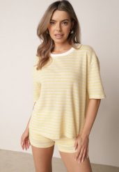 Żółty Komplet Bawełniany z Dzianiny Szorty i T-shirt o Luźnym Kroju w Paski Proseltte. Żółte szorty damskie Born2be, bez wzorów, z bawełny, eleganckie. Za 159.99 zł.