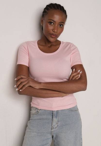 Różowy Prążkowany T-shirt Ozdobiony po Bokach Marszczeniem Nedisa. Czerwone t-shirty damskie Born2be, m, bez wzorów, z jeansu, bez kołnierzyka. Za 49.99 zł.