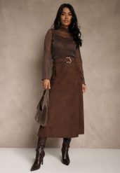 Brązowa Spódnica z Wiskozy z Bawełną z Imitacji Zamszu z Paskiem Oliweda. Brązowe spódniczki damskie Renee, l, bez wzorów, z bawełny, midi. Za 139.99 zł.