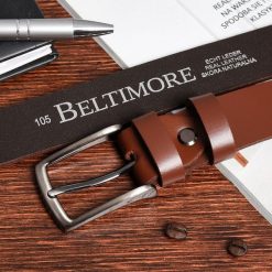 Beltimore skórzany pasek męski brązowy wąski E16 : Kolory - brązowy, beżowy, Rozmiar pasków - r.100-115 cm. Brązowe paski męskie bez wzorów. Za 44.99 zł.