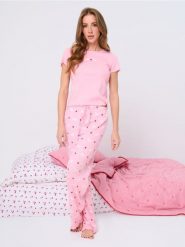 Piżama dwuczęściowa z ozdobnymi falbanami - różowy. Czerwone piżamy damskie Sinsay, l, bez wzorów, bez ramiączek. Za 59.99 zł.