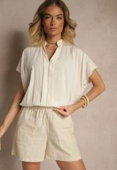 Beżowa Bluzka Oversize z Wiskozą o Kroju Nietoperz z Dekoltem w Serek Davithiel. Brązowe bluzki damskie Renee, bez wzorów, z jeansu, eleganckie, bez kołnierzyka, bez ramiączek. Za 59.99 zł.