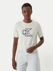 Calvin Klein Jeans Sweter LV047F356G Écru Regular Fit. Białe swetry klasyczne damskie Calvin Klein Jeans, xs, z bawełny, bez kołnierzyka. Za 409.99 zł.