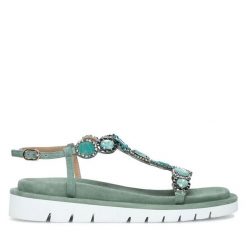 Sandały Eva Minge. Zielone sandały damskie Eva Minge, bez wzorów, bez obcasa, na płaskiej podeszwie. Za 399.99 zł.