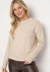 Beżowy Sweter o Klasycznym Fasonie z Wełną Avartissa. Brązowe swetry klasyczne damskie Born2be, na zimę, z wełny, bez kołnierzyka. Za 139.99 zł.