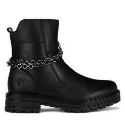 Botki Remonte. Czarne botki damskie Remonte, bez obcasa, na płaskiej podeszwie, bez zapięcia. Za 342.99 zł.