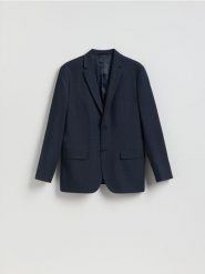 Marynarka slim fit w micro kratę - granatowy. Niebieskie marynarki męskie Reserved, bez wzorów, z elastanu. Za 359.99 zł.
