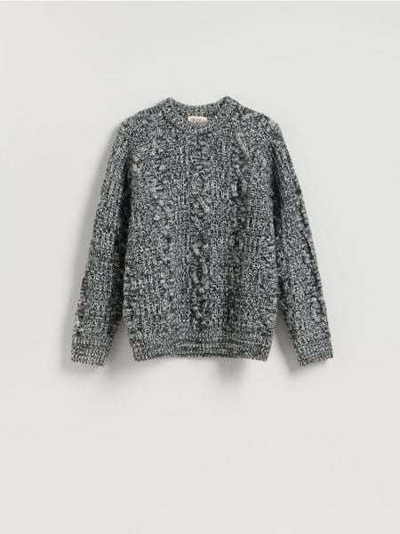 Wełniany sweter o warkoczowym splocie - wielobarwny. Swetry męskie Reserved, l, bez wzorów, z dzianiny, bez kołnierzyka. Za 329.99 zł.