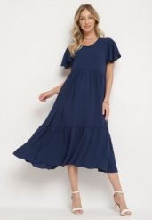 Granatowa Sukienka o Rozkloszowanym Kroju z Wiskozą Filastia. Niebieskie sukienki damskie Born2be, na co dzień, l, bez wzorów, z wiskozy, eleganckie, bez kołnierzyka, bez ramiączek, midi, rozkloszowane. W wyprzedaży za 67.99 zł.