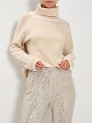 Golf z przeszyciami - kremowy. Białe golfy damskie Sinsay, l, bez wzorów, bez ramiączek. Za 59.99 zł.